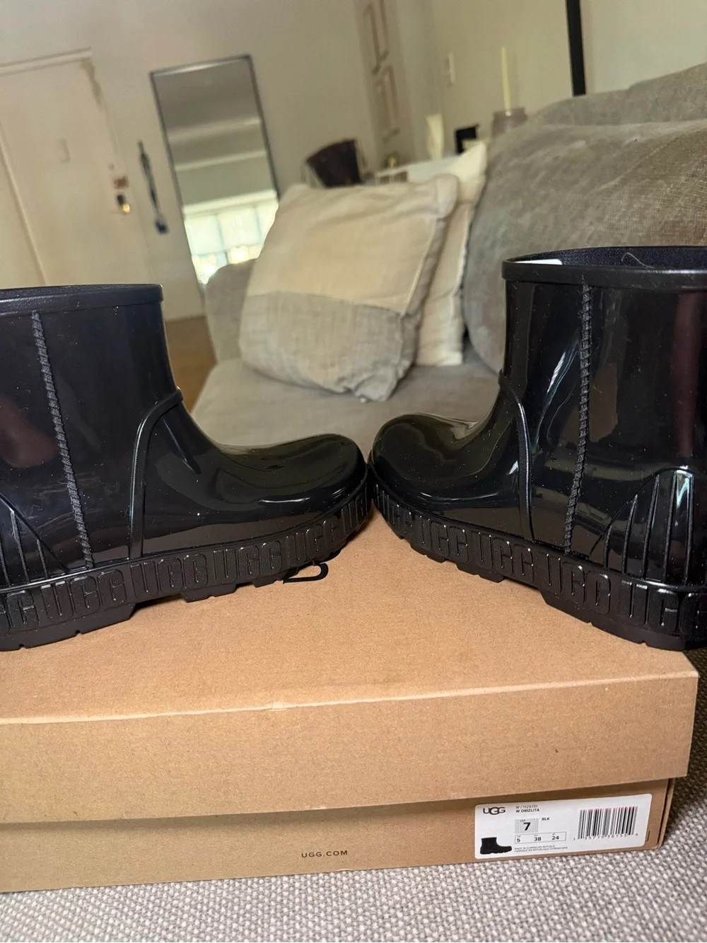 UGG Glossy Black Short Rain Boots with Branded Sole